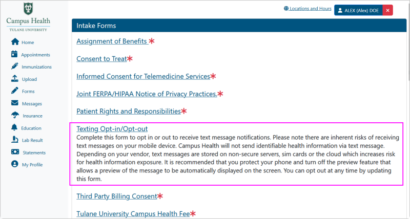 Screenshot of "Intake Forms" section of Forms page, with the "Texting Opt-in/Opt-out" form highlighted